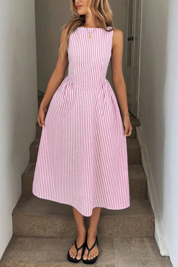 Lightweight women's summer midi dress, striped & pleated, with a comfortable halter neck for vacation.