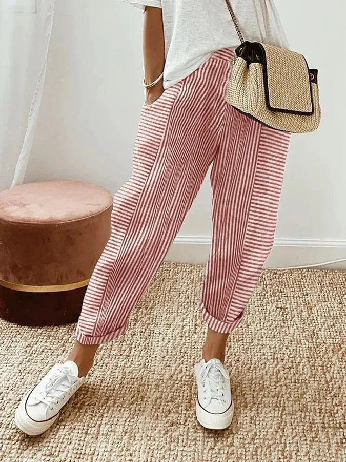 Versatile women's striped straight leg pants, relaxed fit with elastic waist for everyday fashion.