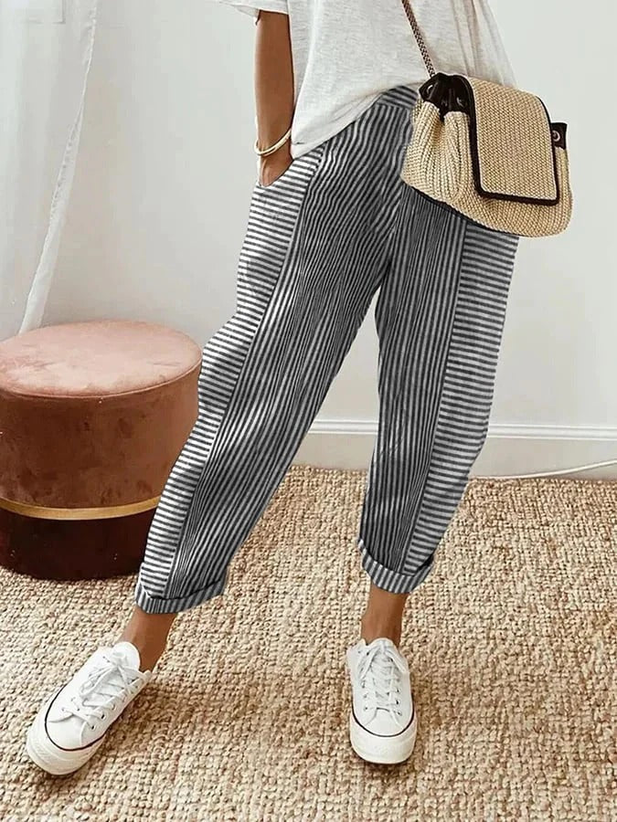 Chic women's striped summer pants, relaxed straight leg fit with elastic waist, perfect for everyday fashion.