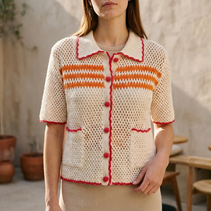Women's striped short-sleeve sheer cardigan, ideal for summer layering and casual wear.