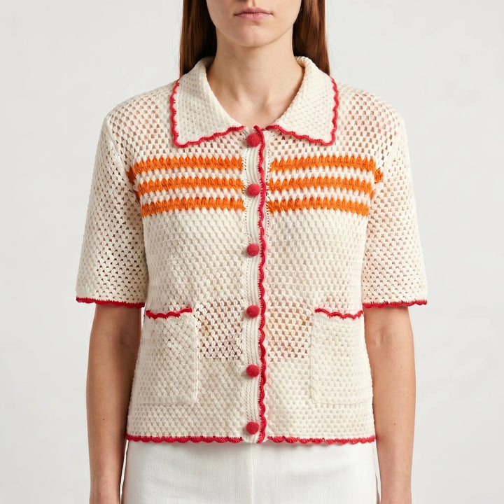Chic women's sheer striped short-sleeve cardigan, perfect for retro summer fashion.