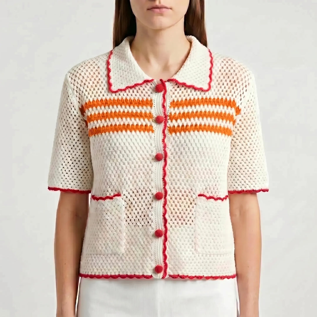 Retro-style striped short-sleeve sheer cardigan for women, a vintage collared layering piece.