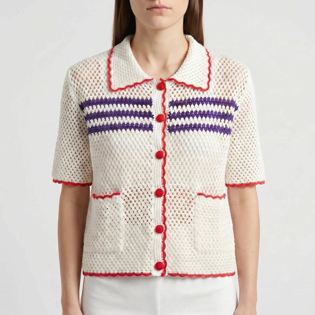 Collared women's striped short-sleeve sheer cardigan, a versatile and chic summer top.
