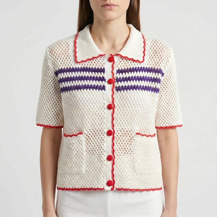 Collared women's striped short-sleeve sheer cardigan, a versatile and chic summer top.