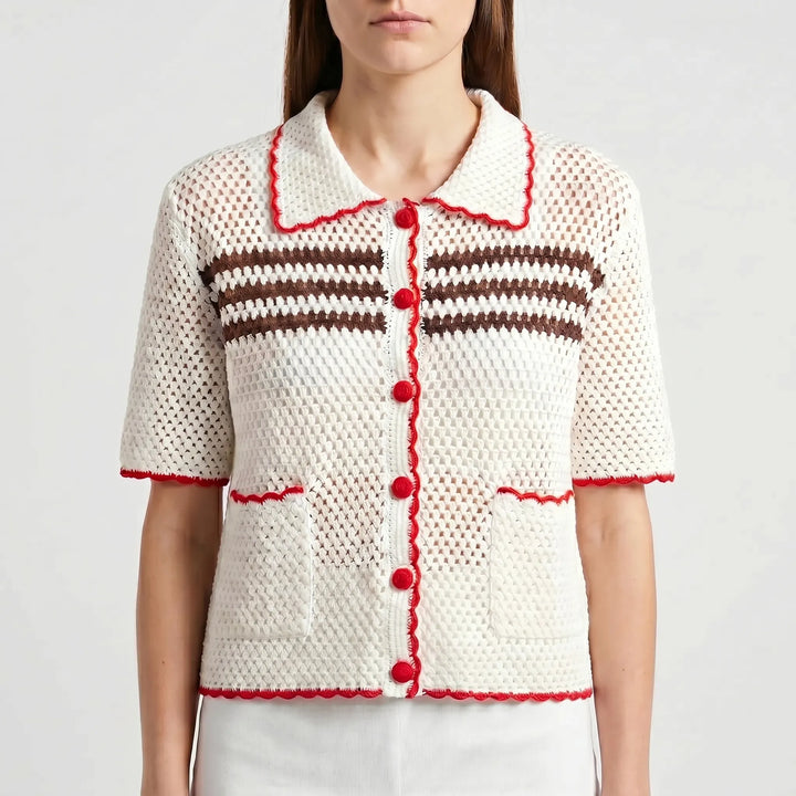 Comfortable women's short-sleeve striped sheer cardigan, a must-have for warm weather fashion.