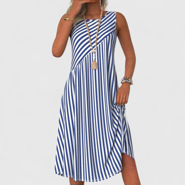 Women's striped sleeveless midi dress with a round neck, ideal for casual summer style and comfort.