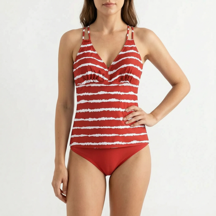 Chic women's striped tankini top and coordinating low-rise swim bottoms, a perfect summer style statement.