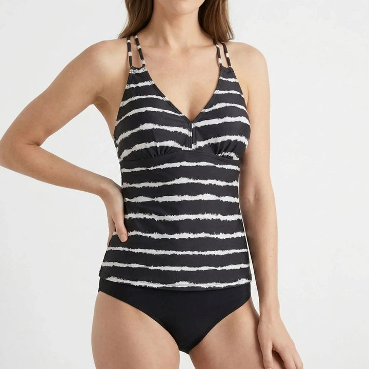 Elegant women's striped two-piece tankini swimsuit designed for comfort & beach-ready style.
