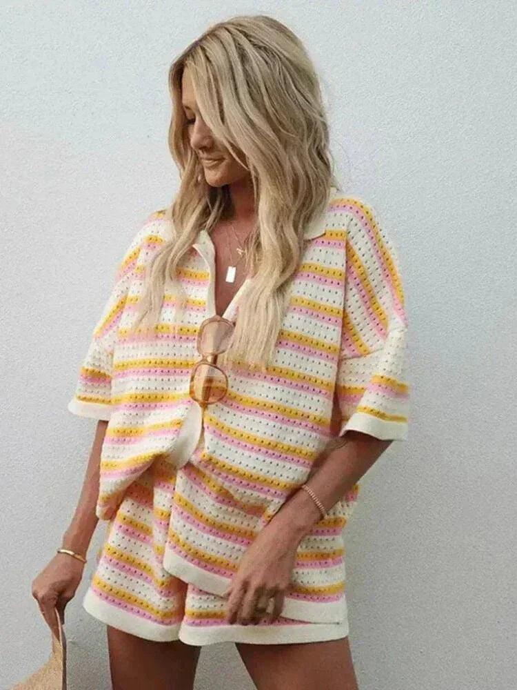 Women's striped two-piece shorts set with button-up top & elastic waist shorts for summer casual wear.