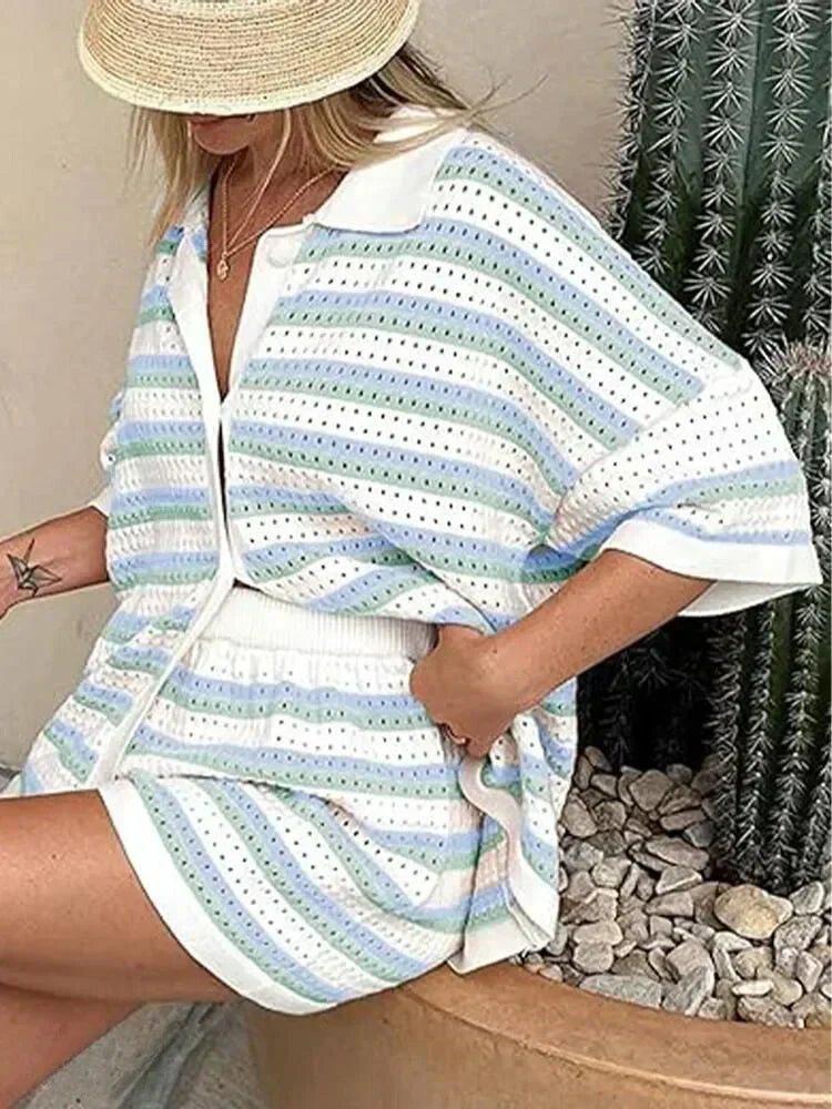 Relaxed fit women's striped two-piece shorts set. Perfect casual leisure wear for warm weather & comfort.