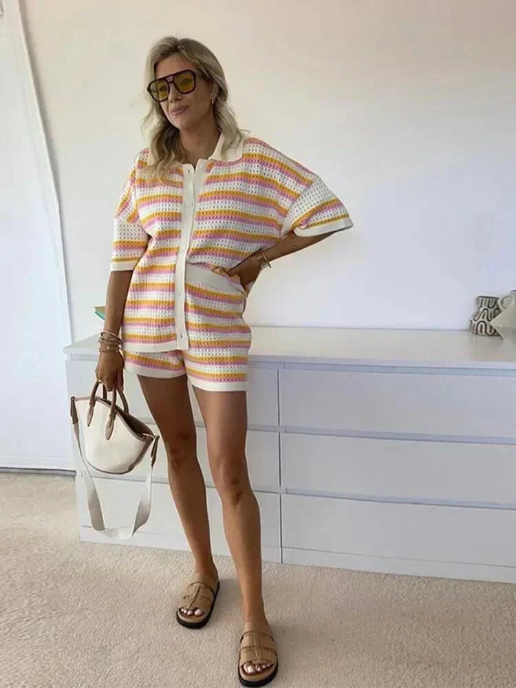 Stylish women's striped matching shorts set. Ideal summer fashion vacation outfit & daywear.