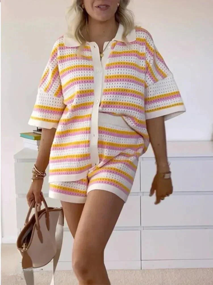 Versatile women's striped two-piece shorts set. Perfect for summer daywear, leisure, or vacation fashion.