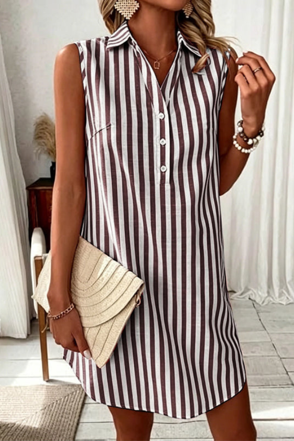 Sleeveless striped V-neck shirt dress with button front, ideal for vacation & easy summer fashion.