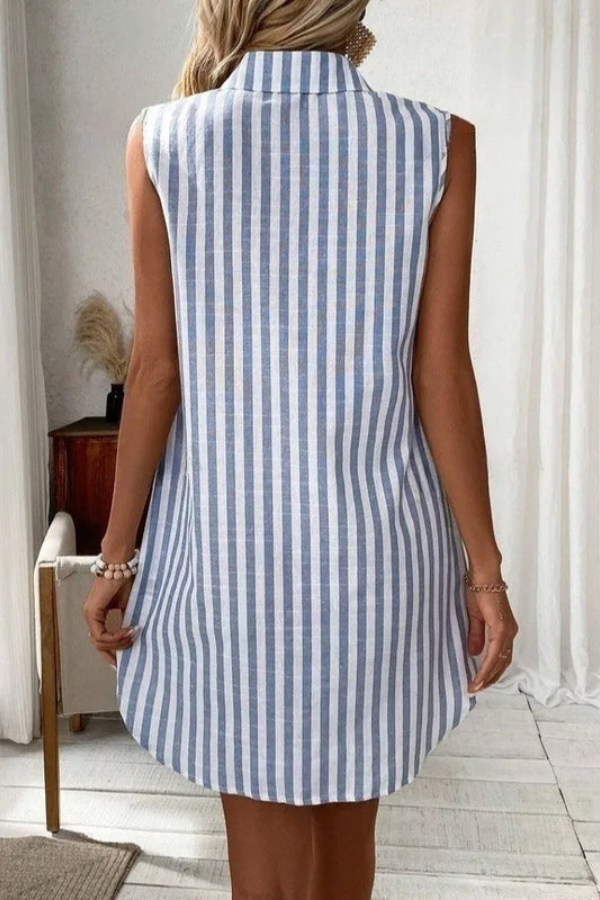 Lightweight striped V-neck sleeveless dress for women, easy-wear button-front style for summer vacations.