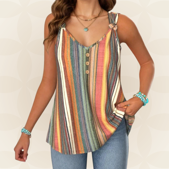 Women's striped V-neck sleeveless top with button detail, perfect for casual summer wear. Relaxed fit.