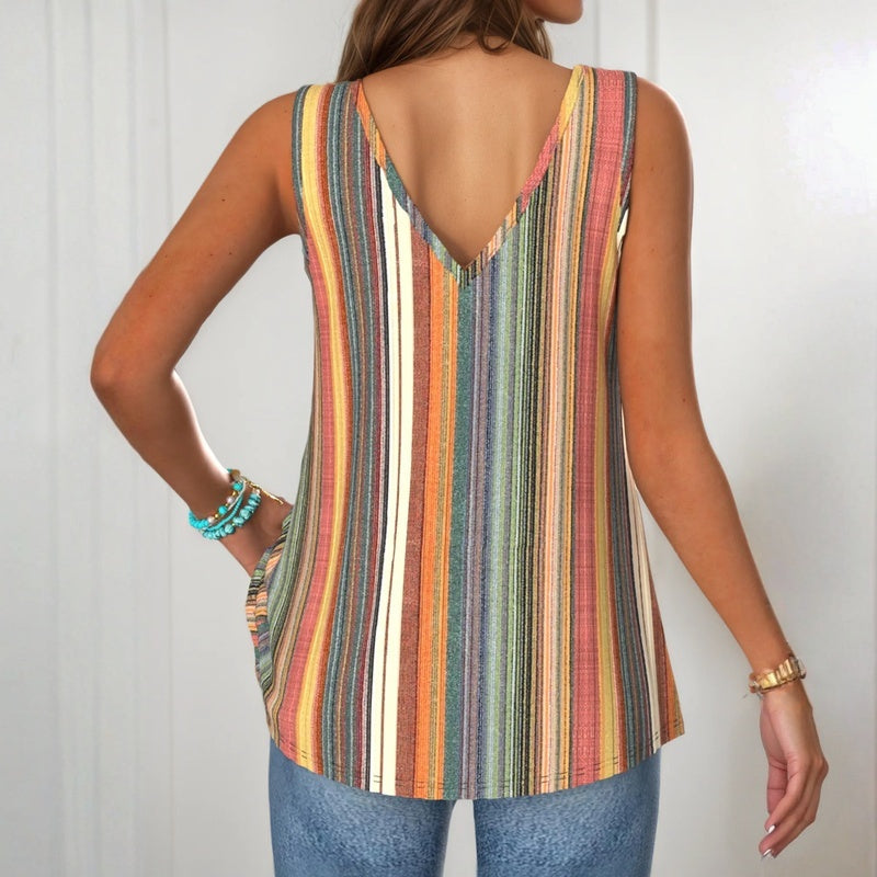 Chic women's multicolor striped V-neck sleeveless top with button details for versatile everyday fashion.