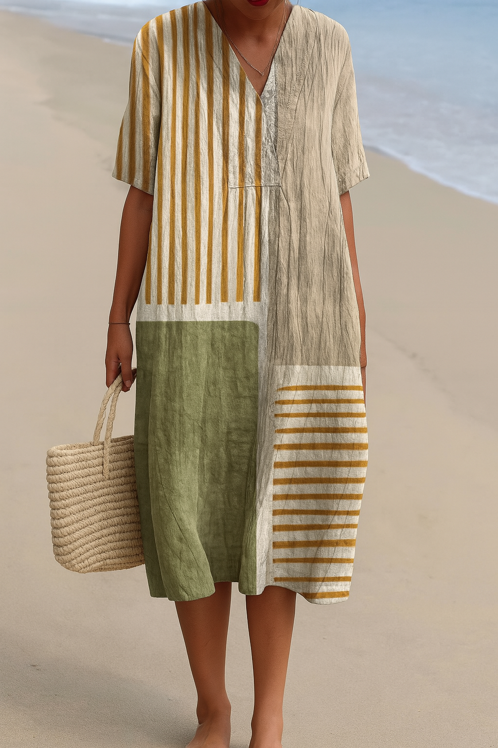 Women's striped V-neck summer breeze dress for effortless style & comfort, a flowy casual elegant design.