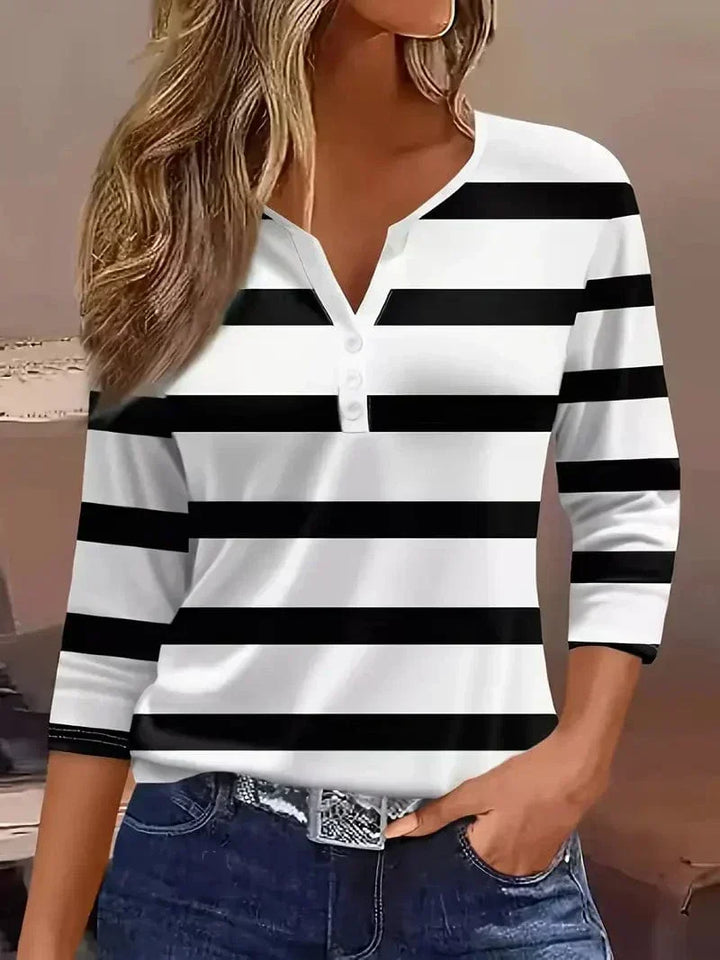 Casual women's short sleeve V-neck striped top, a versatile piece for daily outfits.