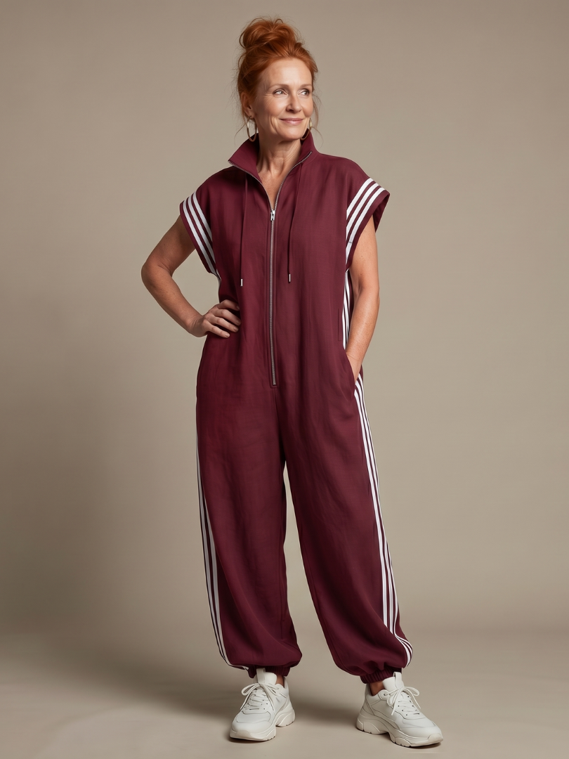 Women's striped zip front jumpsuit, a stylish and comfortable one-piece outfit.