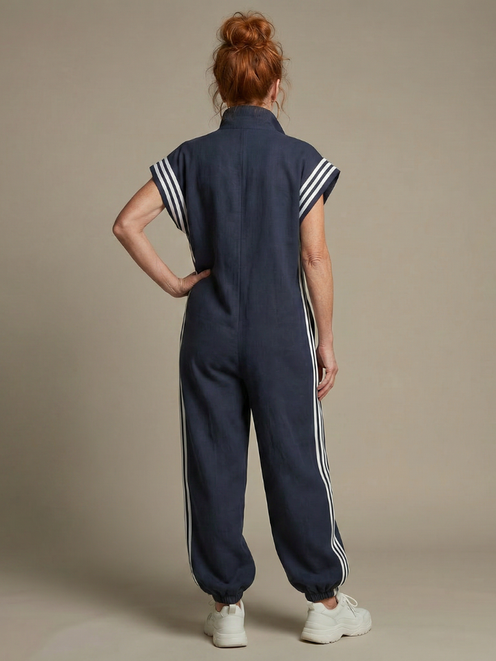 Everyday casual striped zip front jumpsuit for women, an easy wear fashion piece.