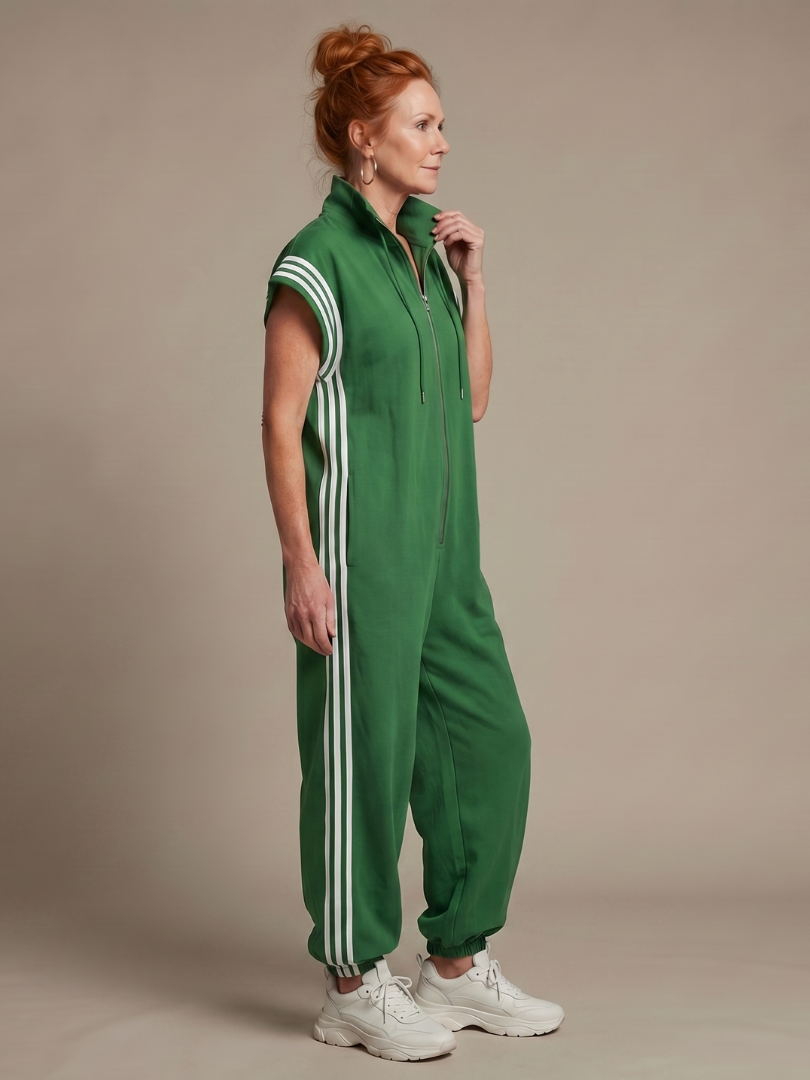Stylish women's work-to-weekend striped jumpsuit with a versatile zip closure.