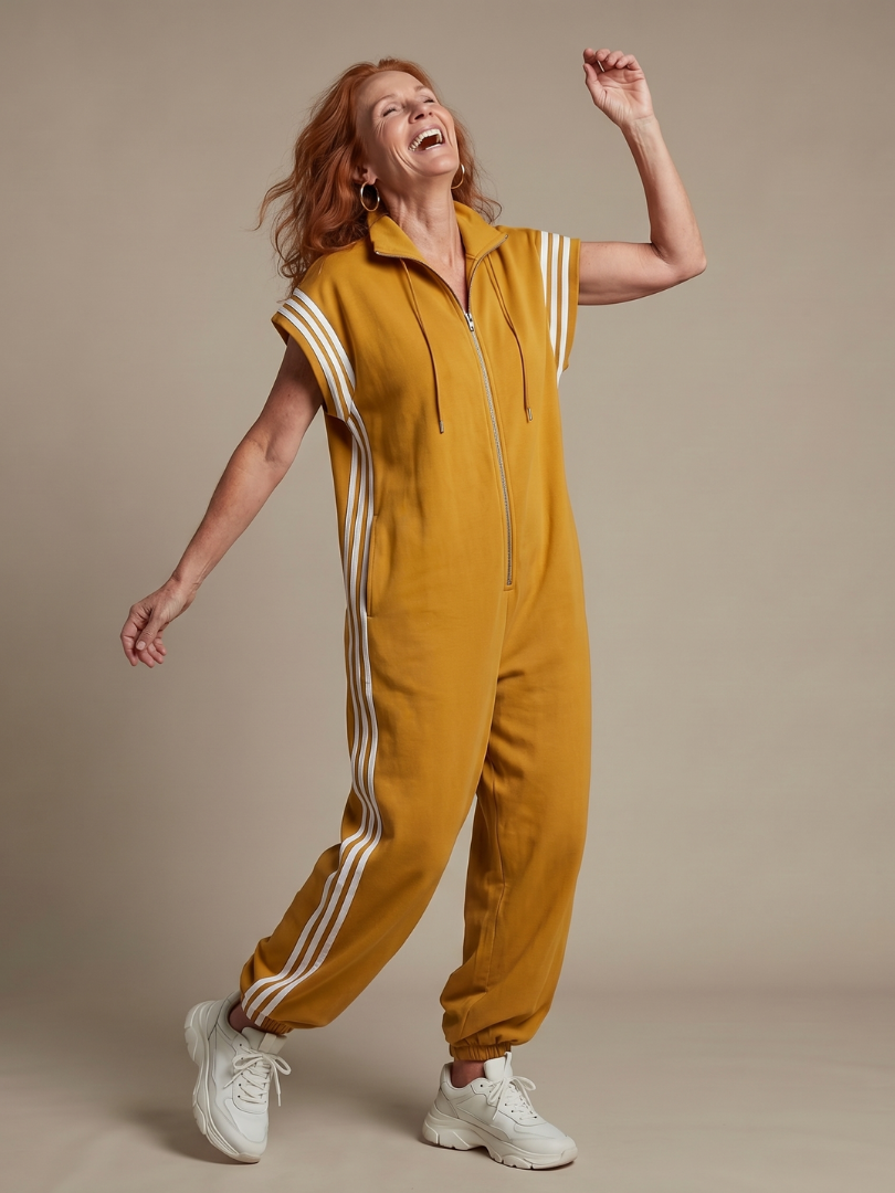 Stylish women's striped jumpsuit, designed with a functional zip front for ease.