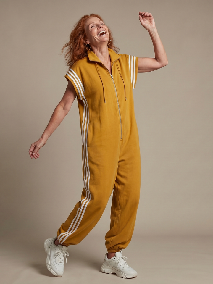 Stylish women's striped jumpsuit, designed with a functional zip front for ease.