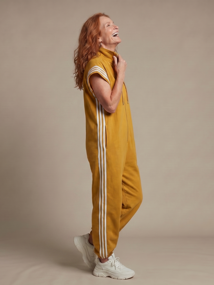 Versatile striped zip front women's jumpsuit, suitable for both casual and office.