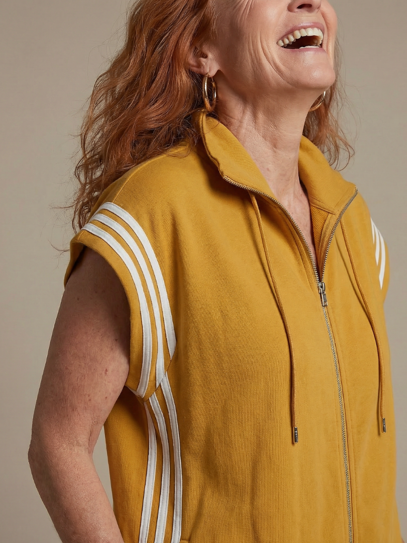 Elegant vertically striped women's jumpsuit, complete with a practical zip-up front.