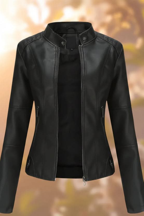 Women's structured black leather jacket, tailored fit for modern style. Elegant outerwear, confident look.