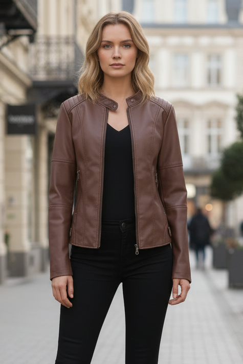 Stylish women's structured leather jacket, smooth black leather texture. Versatile fashion piece, durable outerwear.