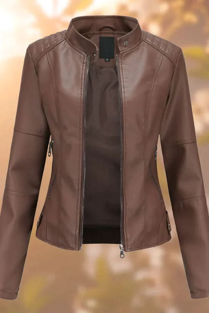 Tailored women's black structured leather jacket. Confident, flattering fit for a modern and chic silhouette.