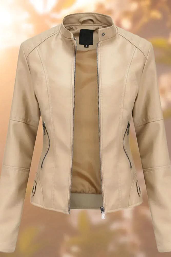 Women's structured black leather jacket with clean lines and subtle details. Modern and chic fashion outerwear.