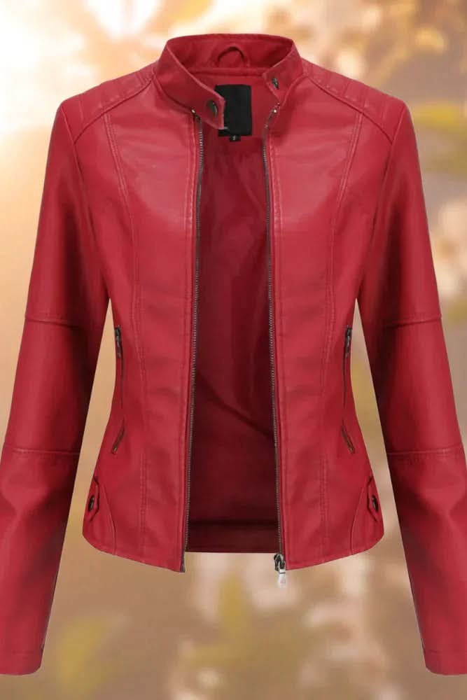 Classic women's structured leather jacket in black. Timeless style, perfect layering piece for any elegant outfit.