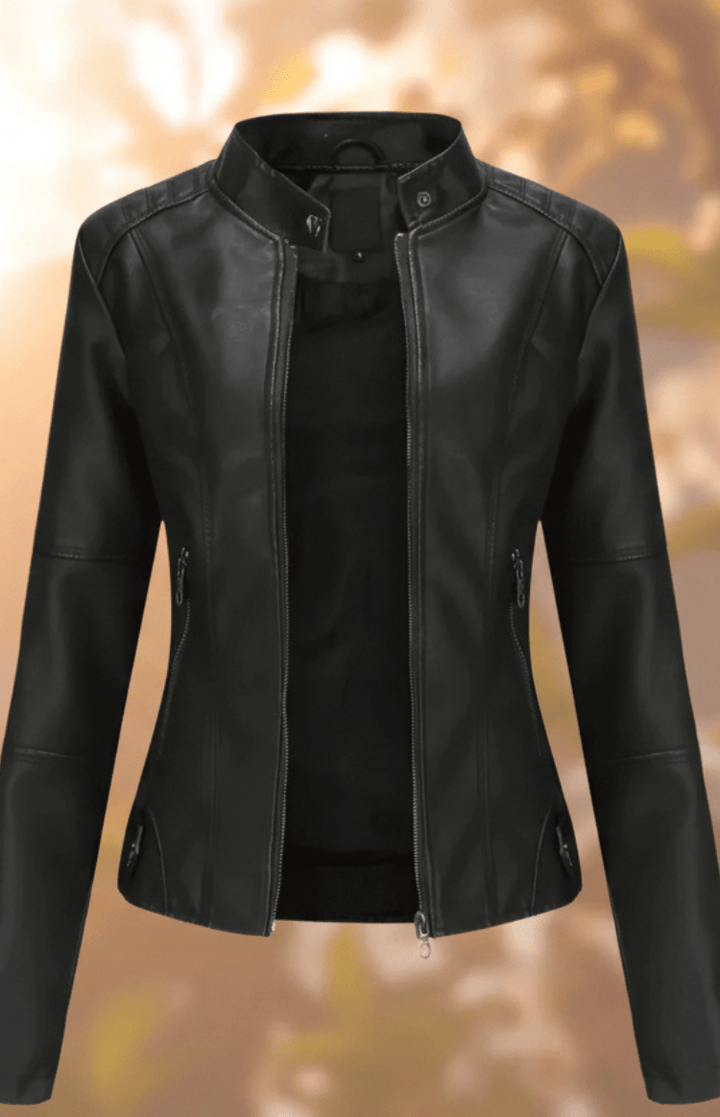 Empowering women's structured leather jacket, confident fit. A stylish statement piece for modern fashion and elegance.