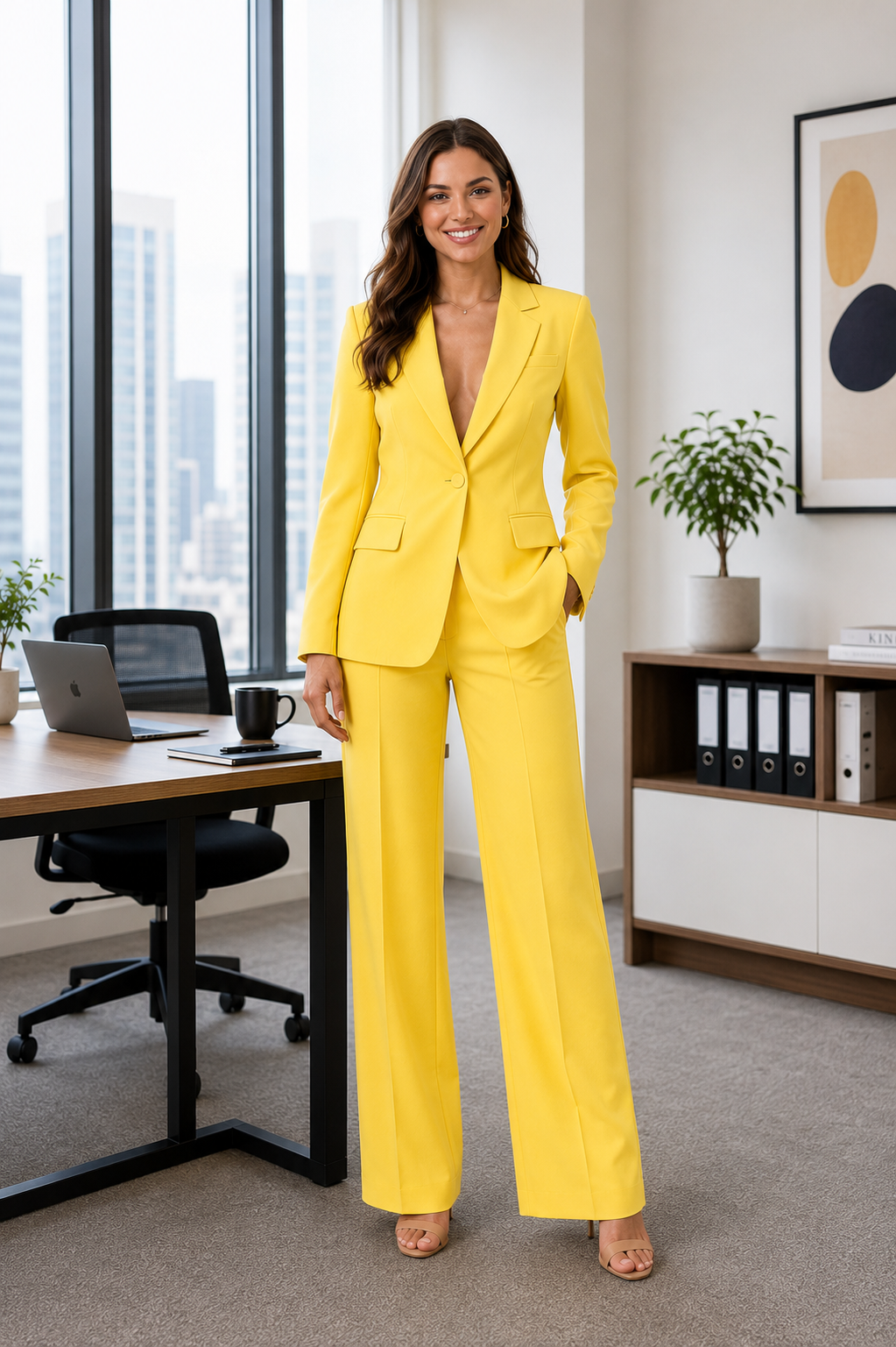 Fashionable women's blazer and trousers set, offering a sleek, comfortable fit for versatile professional and smart casual looks.