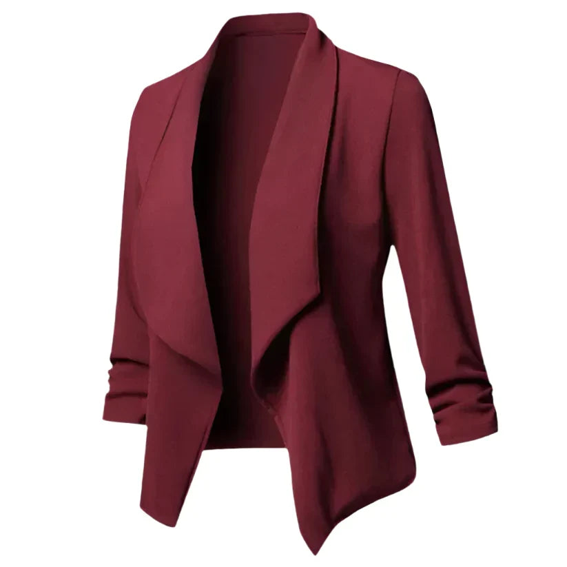 Women's structured business blazer, open front. Wrinkle-resistant professional workwear.