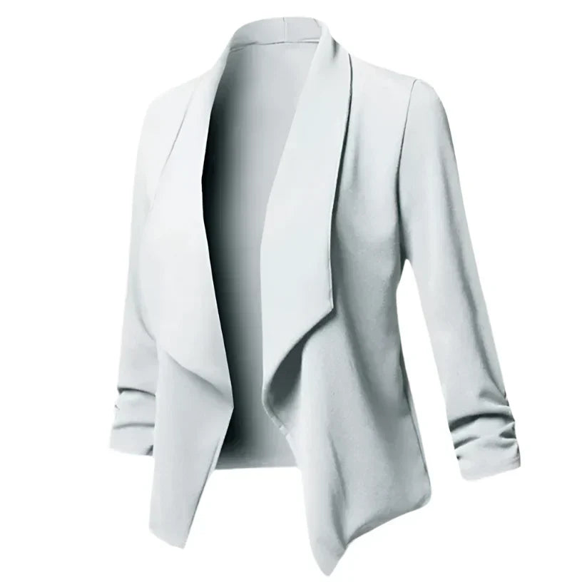 Wrinkle-resistant women's open-front blazer, perfect versatile career wear for any professional setting.