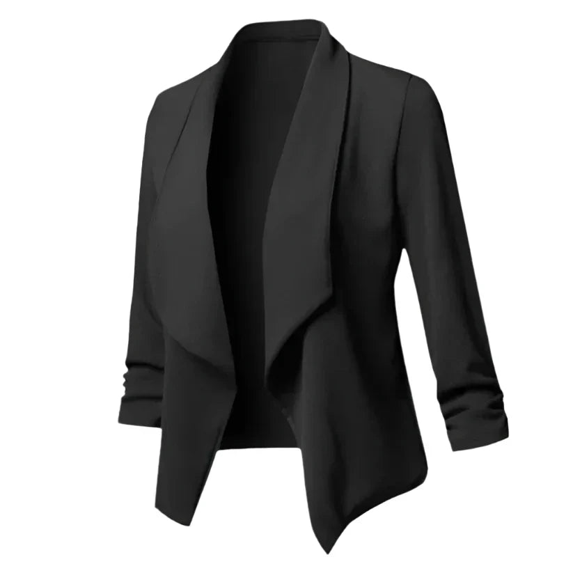 Tailored women's business blazer, open front style. Smart professional layering piece for career women.