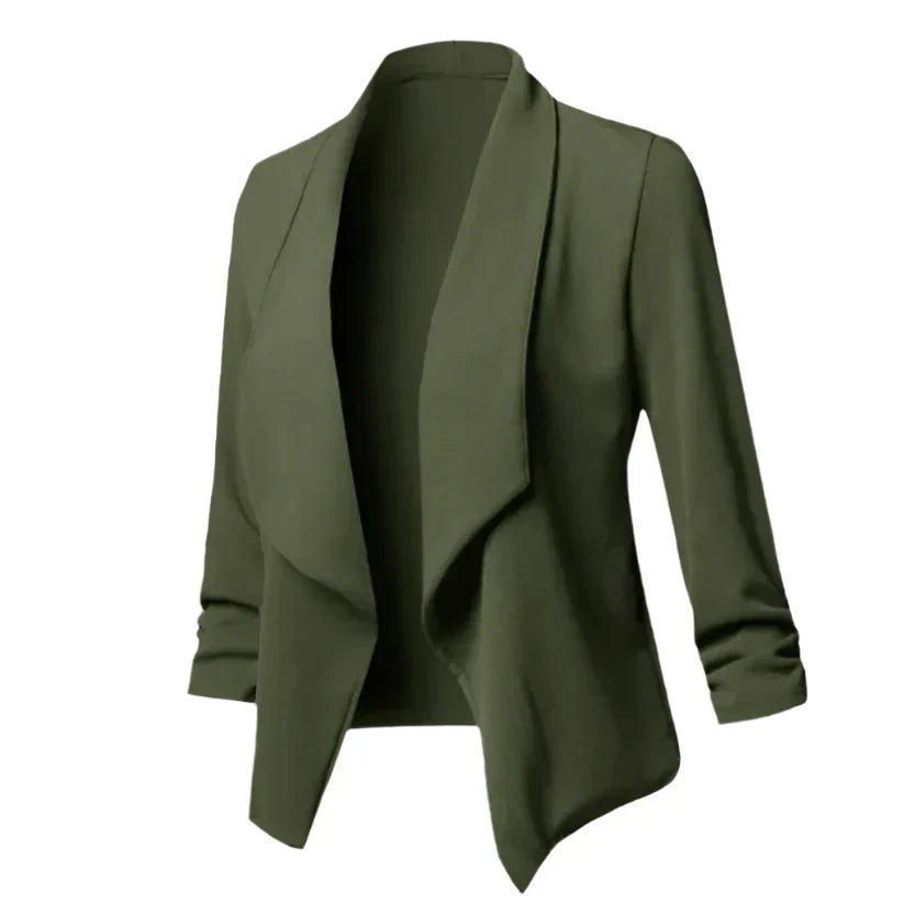 Modern women's structured blazer, open front. Essential wrinkle-resistant piece for office fashion.
