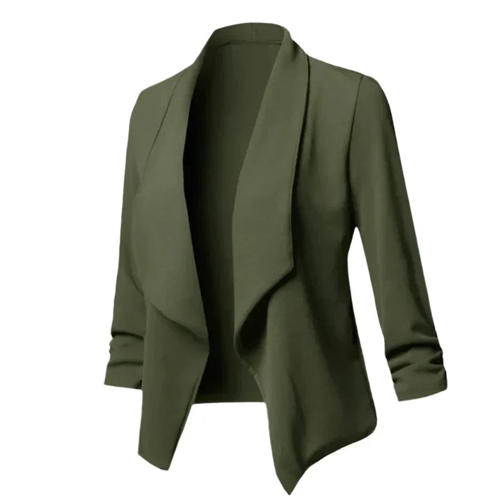 Modern women's structured blazer, open front. Essential wrinkle-resistant piece for office fashion.