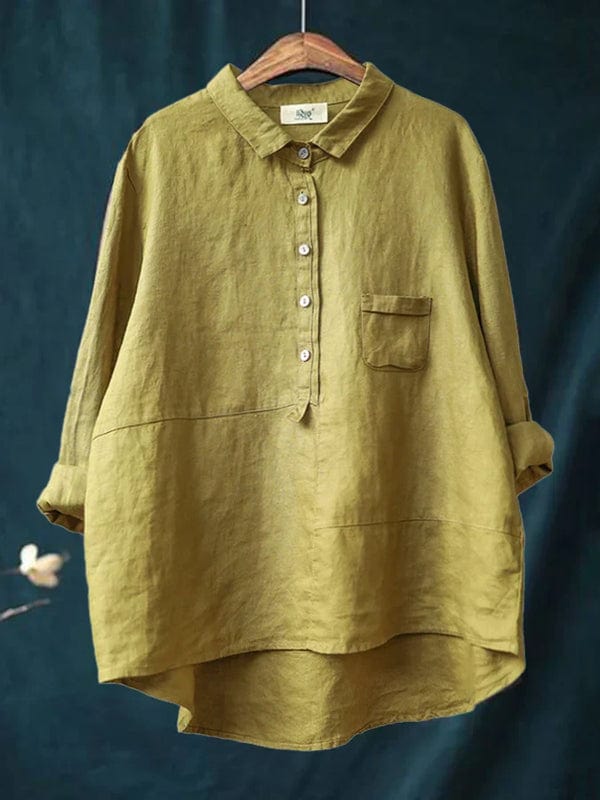 Women's stylish asymmetrical hem button-up blouse, perfect for casual everyday wear.