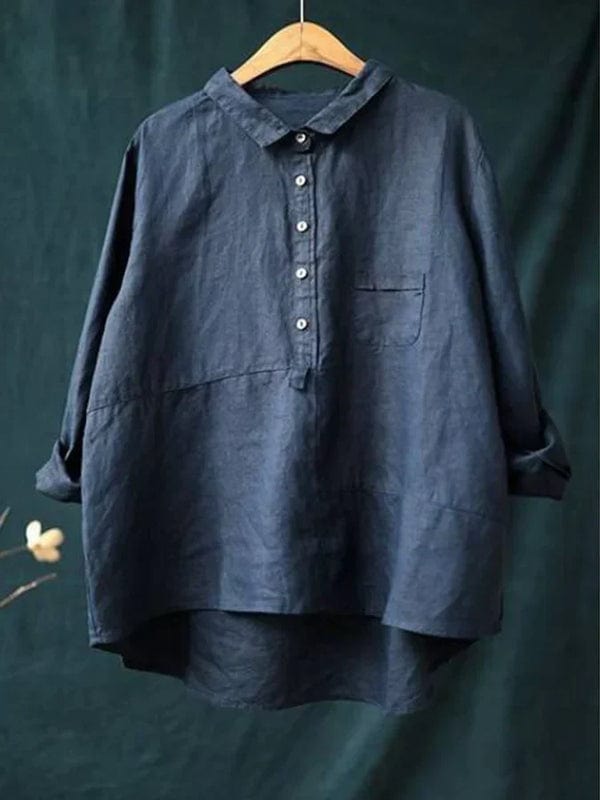 Relaxed fit button-up shirt for women, featuring a trendy asymmetrical hem.