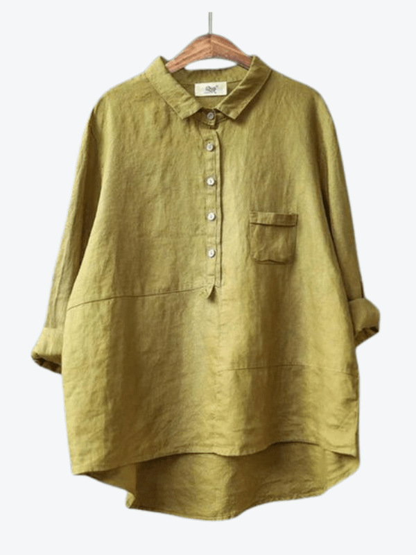 Elegant women's collared blouse, button-up design with a modern asymmetrical hem.