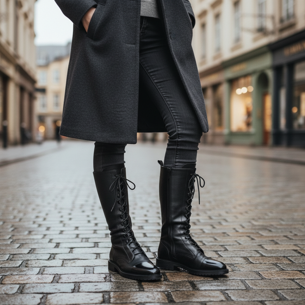 Women's stylish black lace-up high boots, perfect for fall & winter daily wear, offering comfort & support.