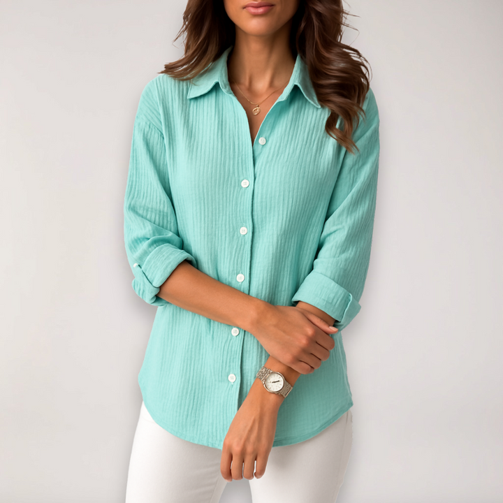 Aqua blue women's stylish button shirt with roll-up sleeves, ideal for modern casual & office looks.