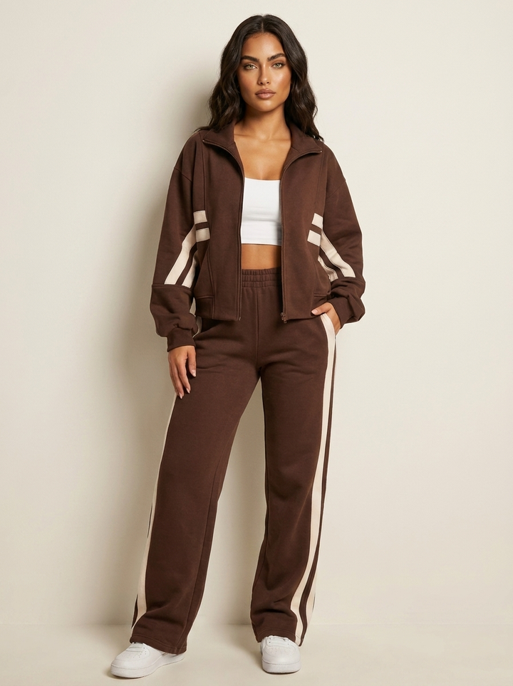 Women's stylish contrast stripe zip-up tracksuit set, two-piece with wide-leg pants for casual wear.