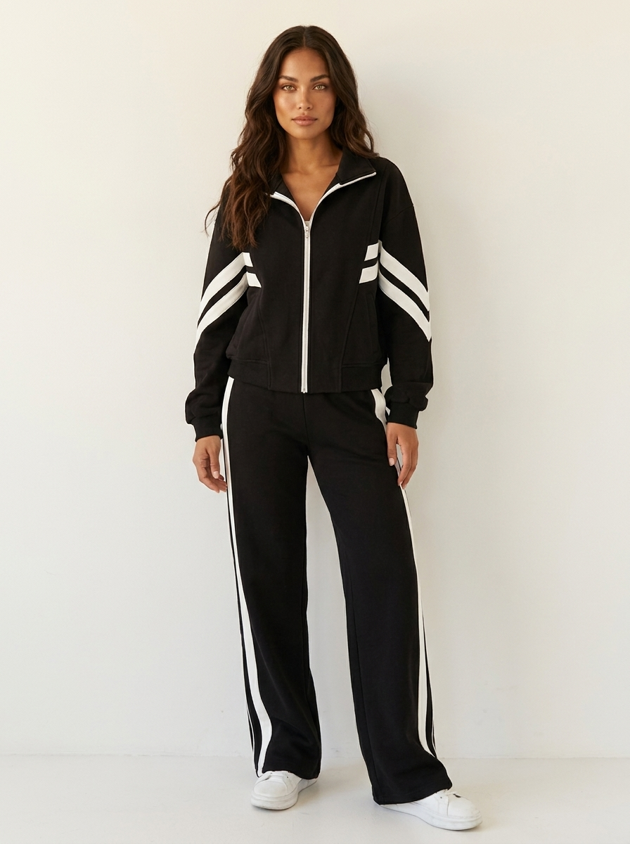 Sporty chic women's matching tracksuit set, zip-up top, wide-leg bottoms, fashionable contrast stripes.
