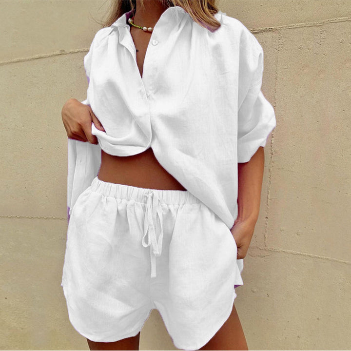 Comfortable women's cotton summer outfit, a trendy two-piece set with a relaxed blouse & matching shorts.