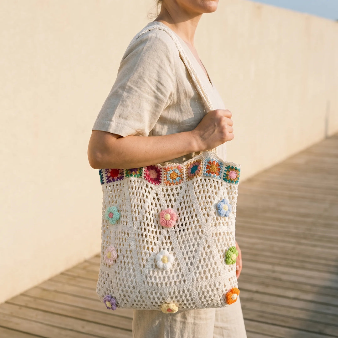 Women's stylish crochet flower tote bag, lightweight & perfect for summer casual wear.